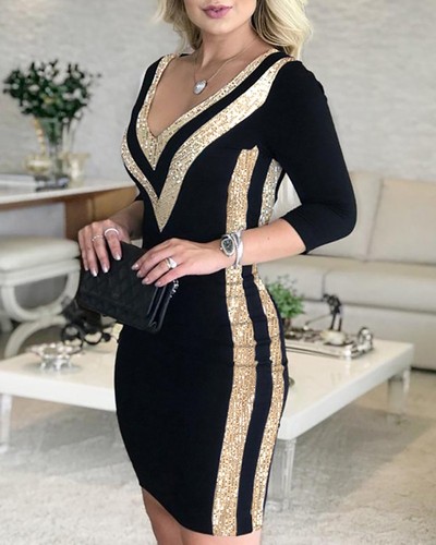 Women black sequin bodycon - black,
